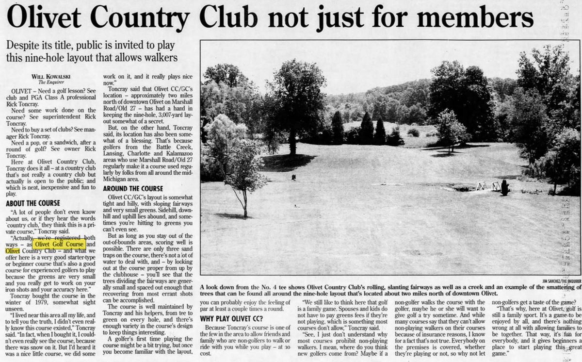 Olivet Country Club (Olivet Golf Club, Olivet Golf Course) - Jun 30 1996 Article